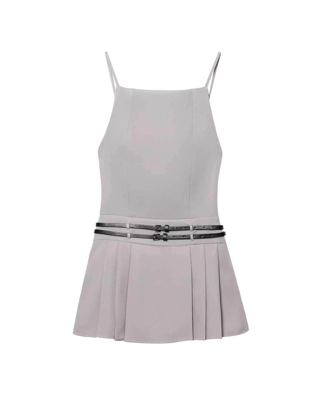 Women Simple Short Gray Belt Backless Pleated Dress