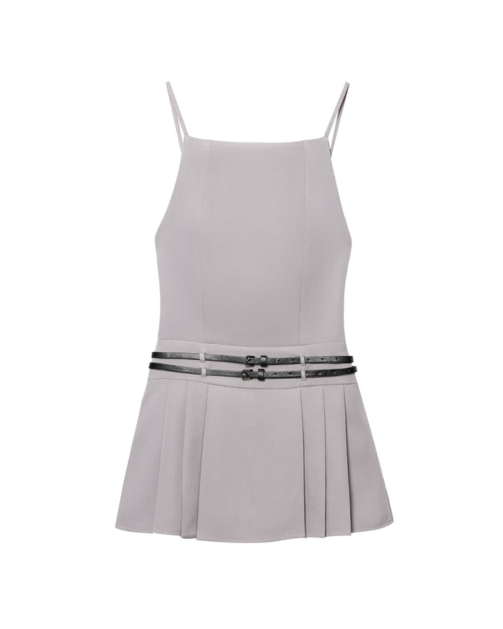 Women Simple Short Gray Belt Backless Pleated Dress