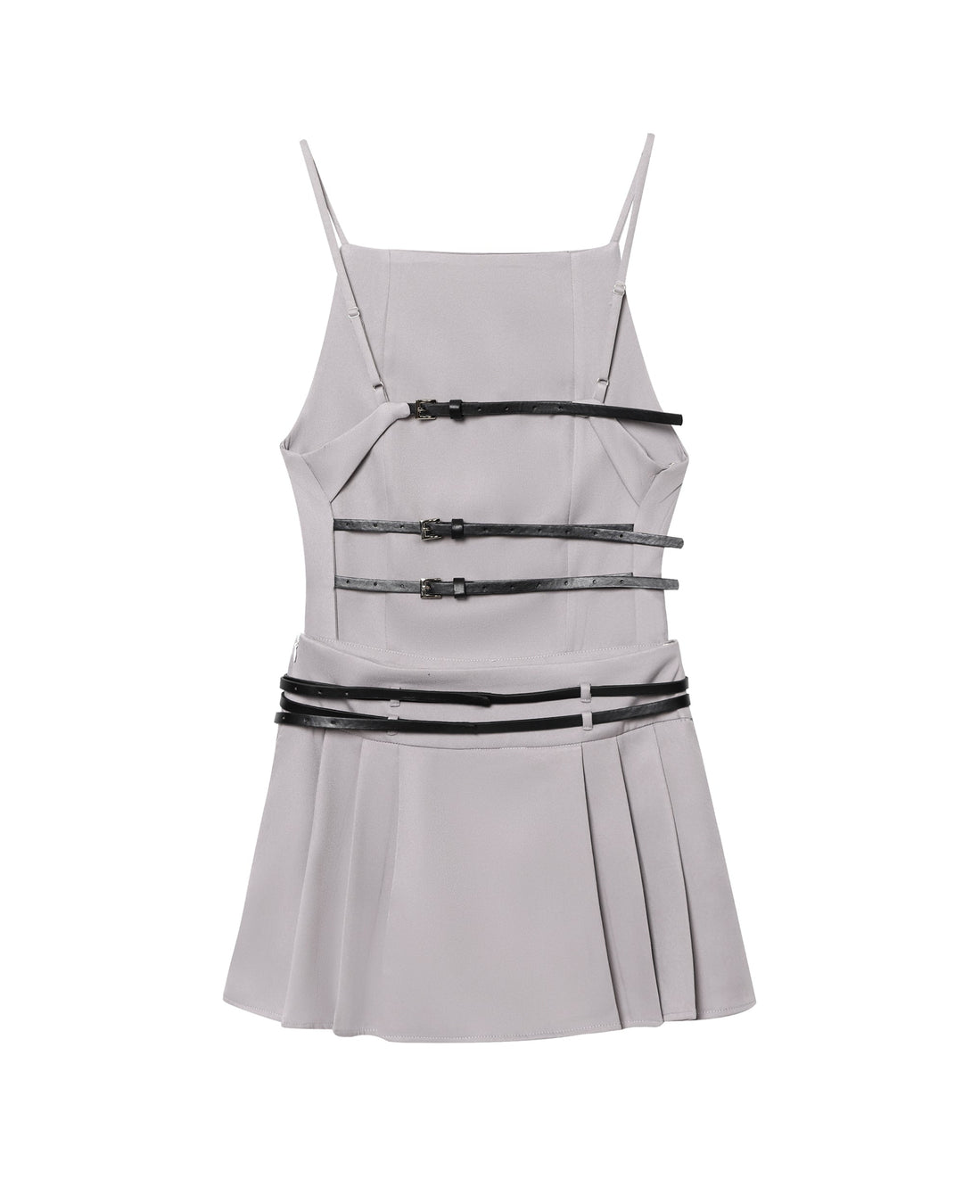 Women Simple Short Gray Belt Backless Pleated Dress