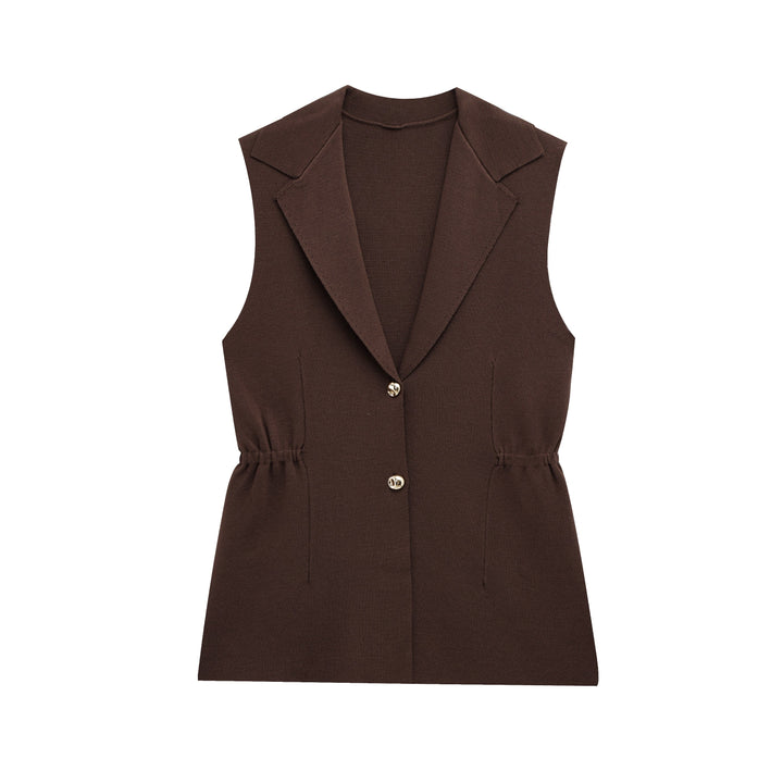 Women Pleated Collared Sleeveless Knitted Vest Jacket