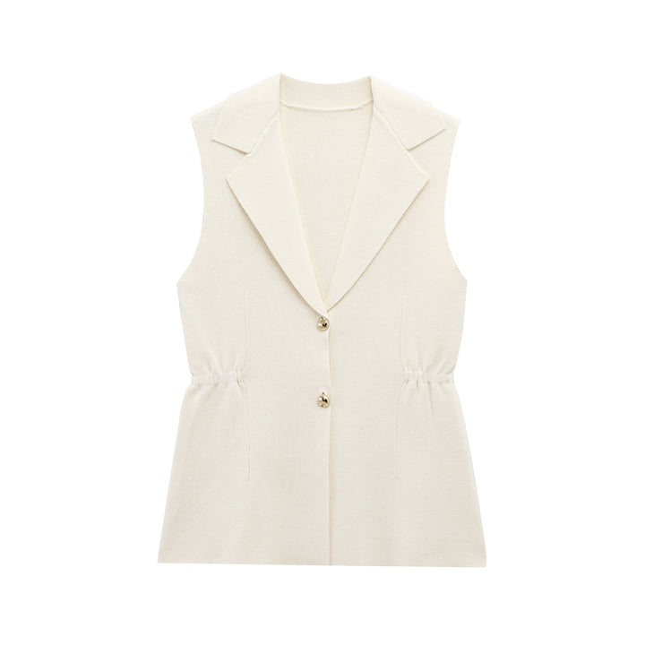 Women Pleated Collared Sleeveless Knitted Vest Jacket