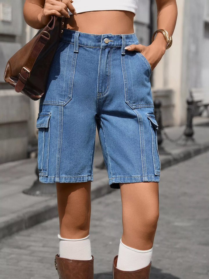 High-Waisted Wash Denim Shorts
