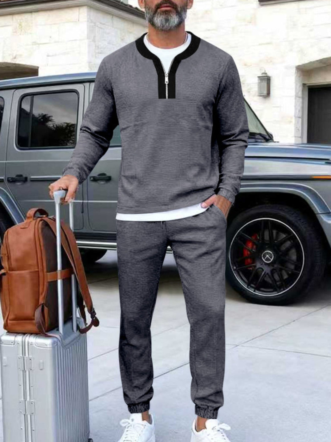 Men's Plus Size Casual Zipper Neck Long Sleeve Top and Pants Set
