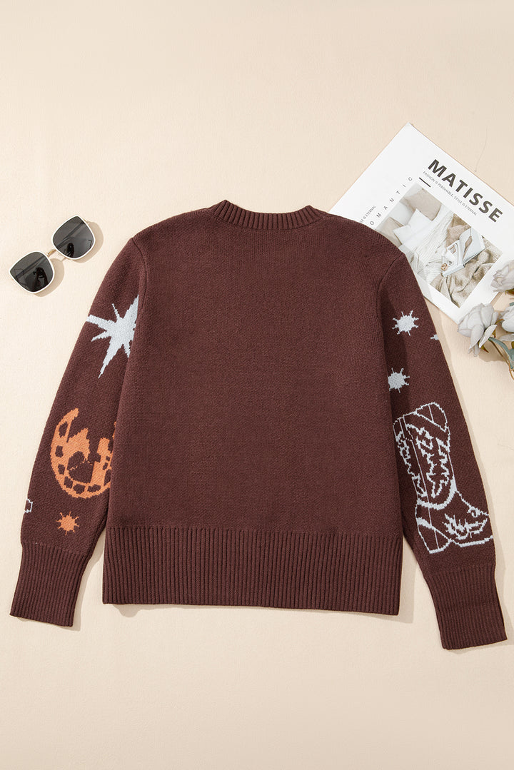 Brown Cowgirl Fashion Print Casual Sweater