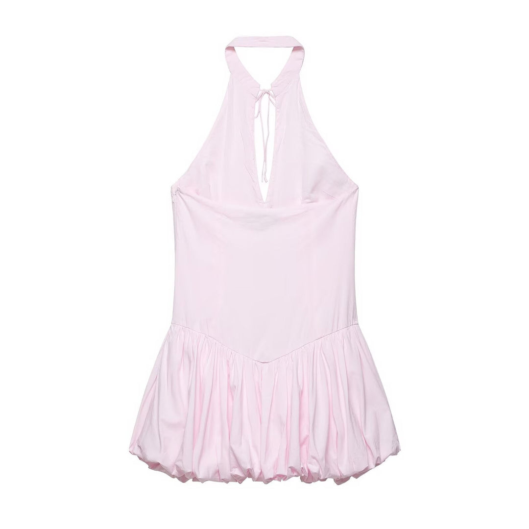 Women Clothing Summer Poplin Hanging Collar Balloon Short Dress