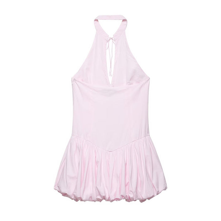 Women Clothing Summer Poplin Hanging Collar Balloon Short Dress