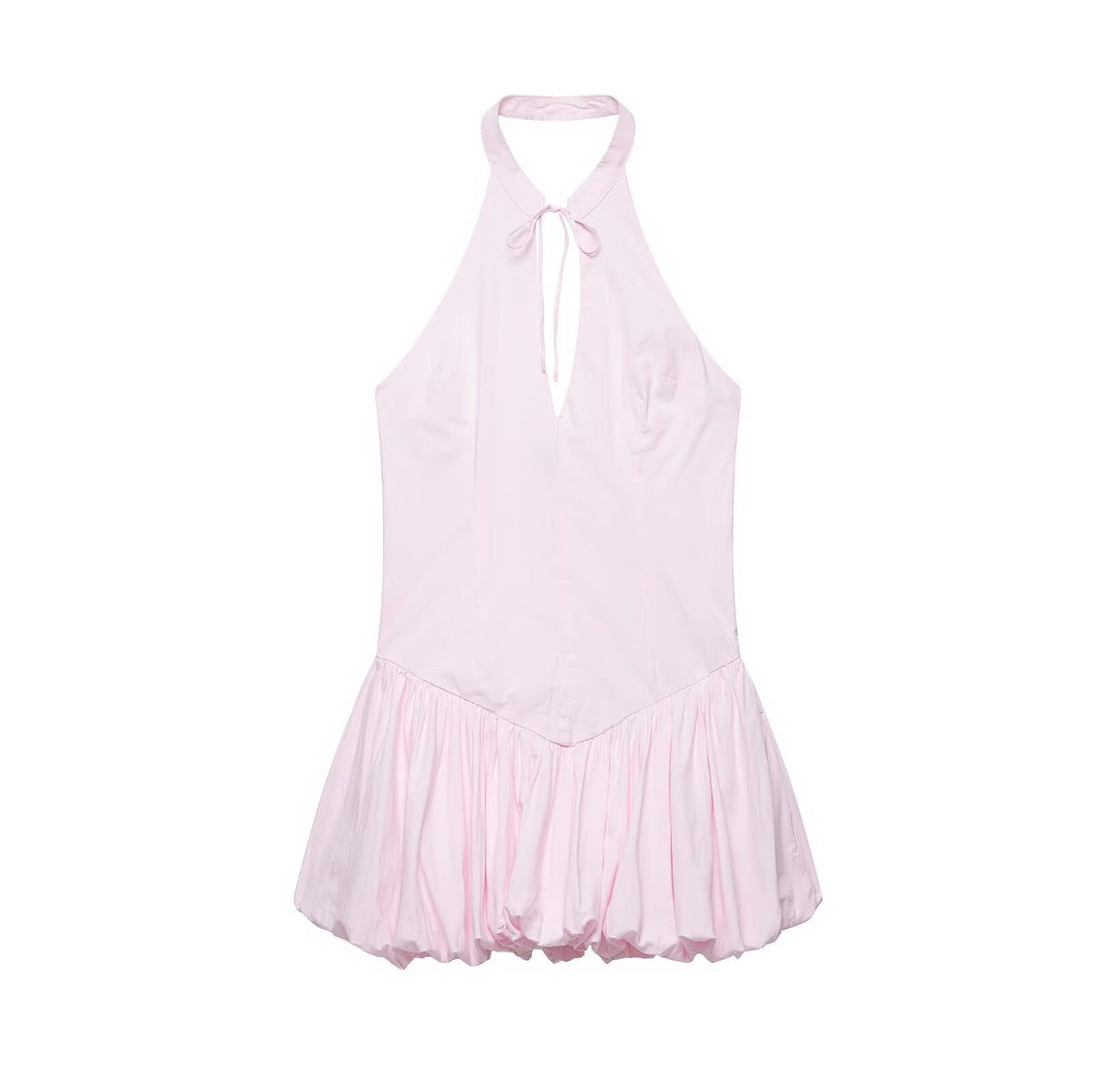 Women Clothing Summer Poplin Hanging Collar Balloon Short Dress