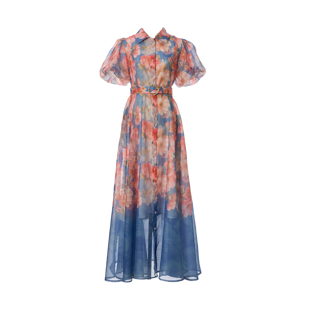 Women Summer Floral Short Sleeved Waist Long Dress