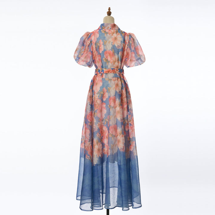 Women Summer Floral Short Sleeved Waist Long Dress