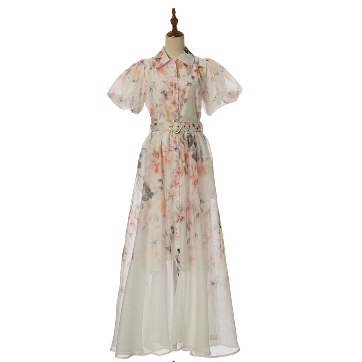 Women Summer Floral Short Sleeved Waist Long Dress