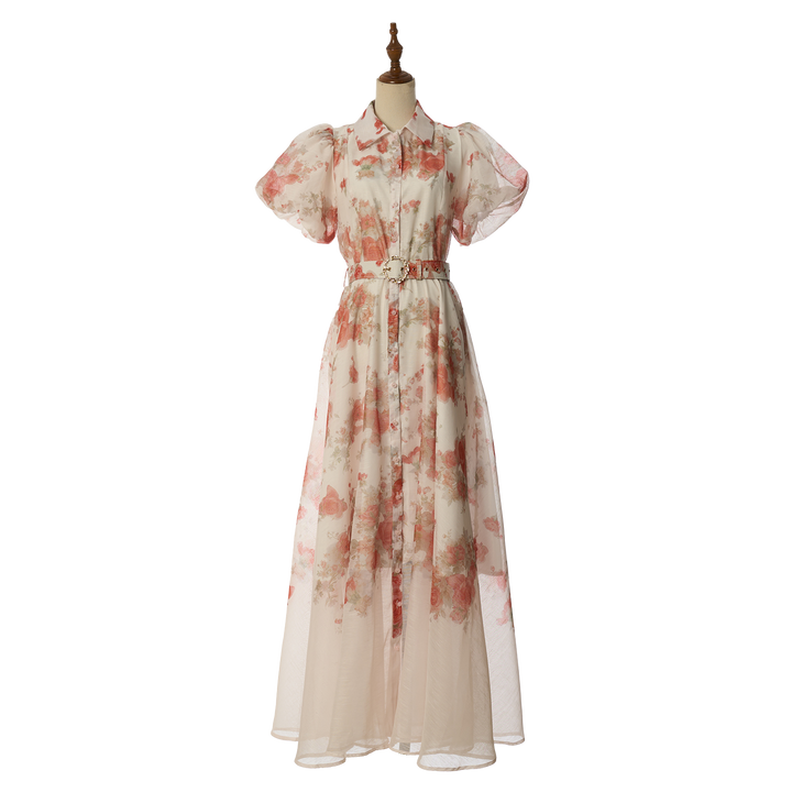 Women Summer Floral Short Sleeved Waist Long Dress