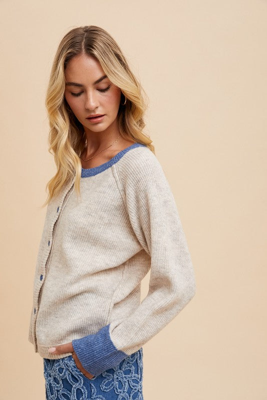 Back To School Sweater - Annie Wear Contrast Trim Button Down Raglan Sleeve Cardigan