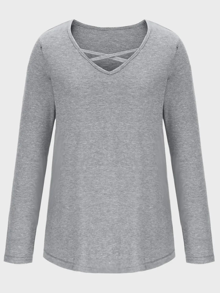 Crisscross V-Neck Long Sleeve T-Shirt