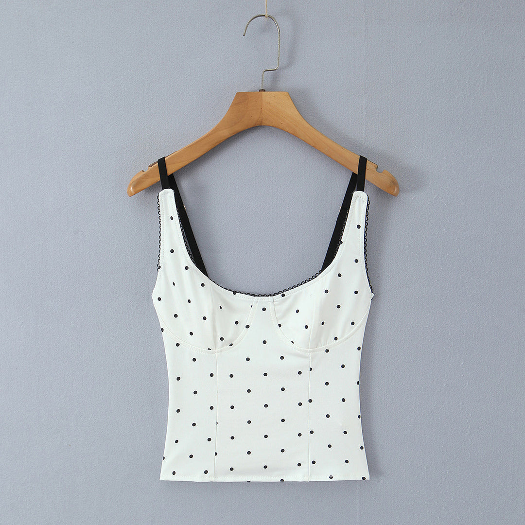 Pure Sexy Lace Stitching Sexy Square Collar Polka Dot Spaghetti Strap Camisole Top