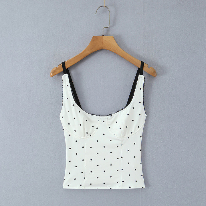 Pure Sexy Lace Stitching Sexy Square Collar Polka Dot Spaghetti Strap Camisole Top