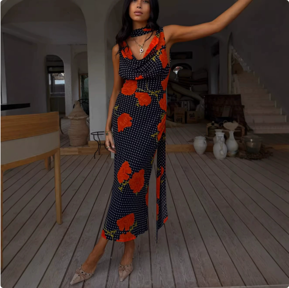 Spring Summer Printed Ribbon Maxi Dress Casual Vacation Party Dress