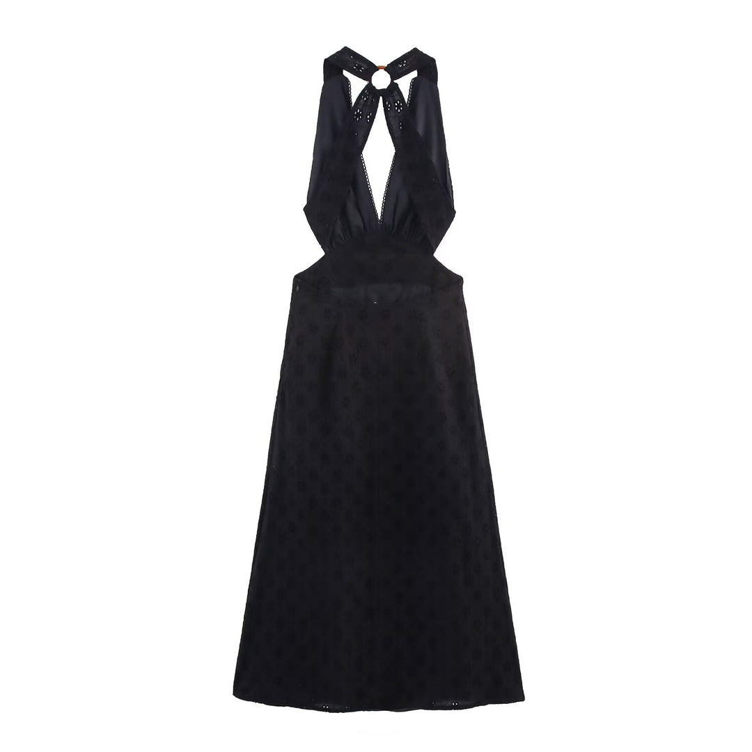 Women Clothing Summer French Hollow Out Cutout Embroidered Halter Sleeveless Dress