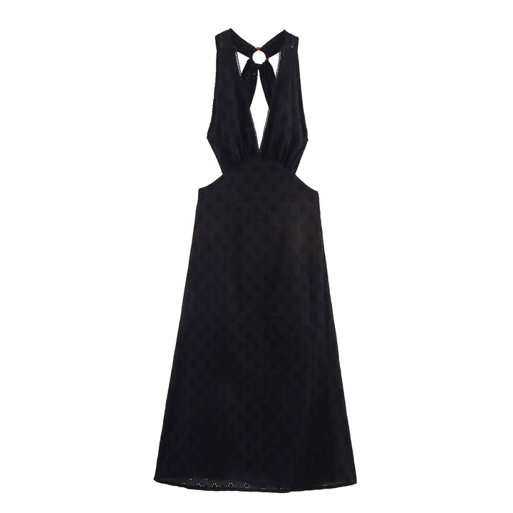 Women Clothing Summer French Hollow Out Cutout Embroidered Halter Sleeveless Dress