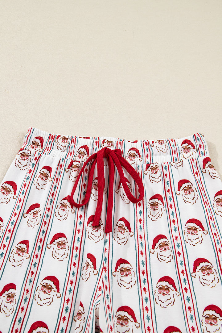 White Father Christmas Striped Print Contrast Drawstring Lounge Pant Set