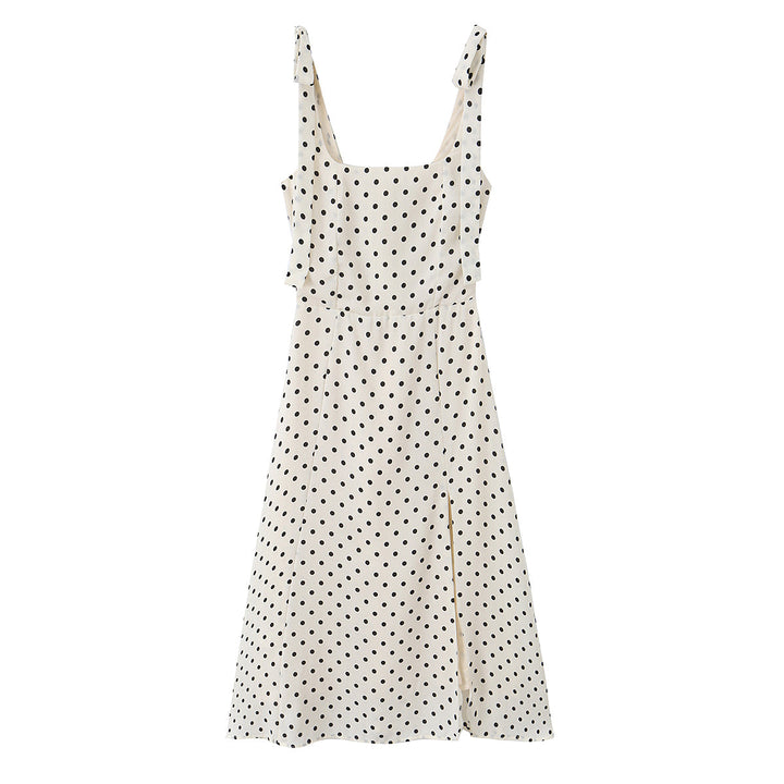 Side Slit Strap Dress for Women Summer French Polka Dot Print Slim Fit Slimming Lace up Suspender Long Dress