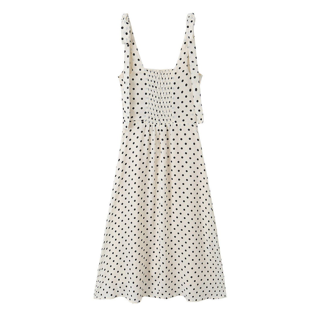 Side Slit Strap Dress for Women Summer French Polka Dot Print Slim Fit Slimming Lace up Suspender Long Dress