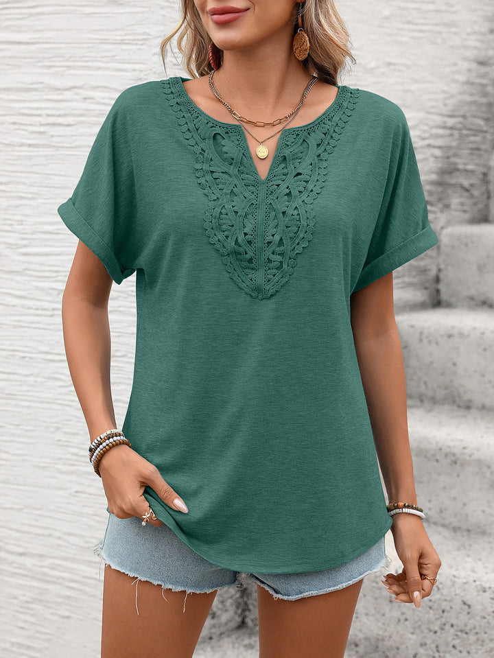 Women Clothing Spring Summer Solid Color V neck Lace Loose Short Sleeve T shirt Top