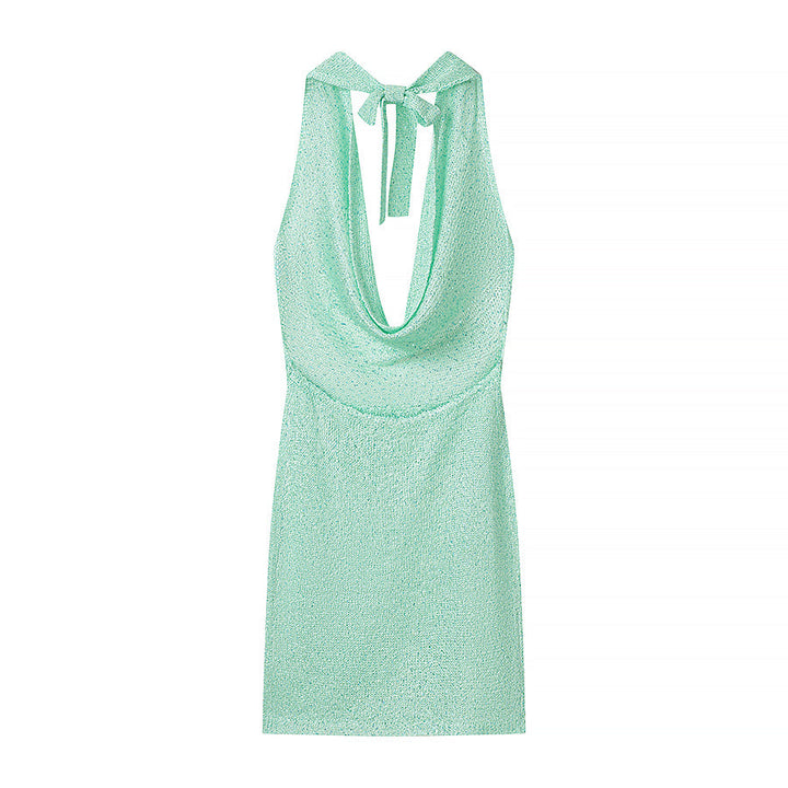 Gorgeous Thin Glittering Knitted Swing Collar Sleeveless Halter Backless Elegant Dress Women Summer Sexy Tight Waist Hip Dress