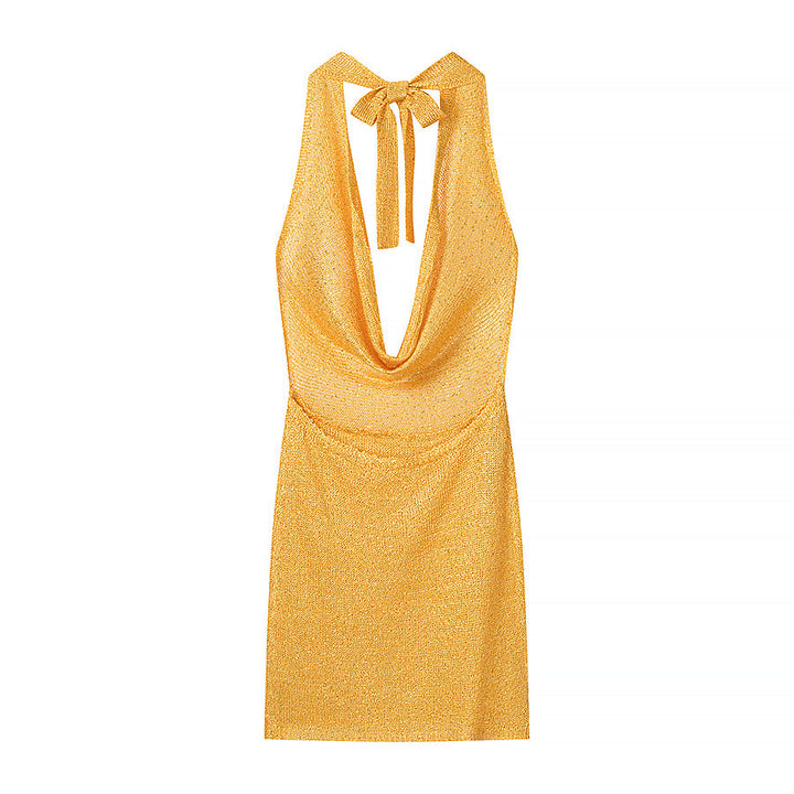 Gorgeous Thin Glittering Knitted Swing Collar Sleeveless Halter Backless Elegant Dress Women Summer Sexy Tight Waist Hip Dress