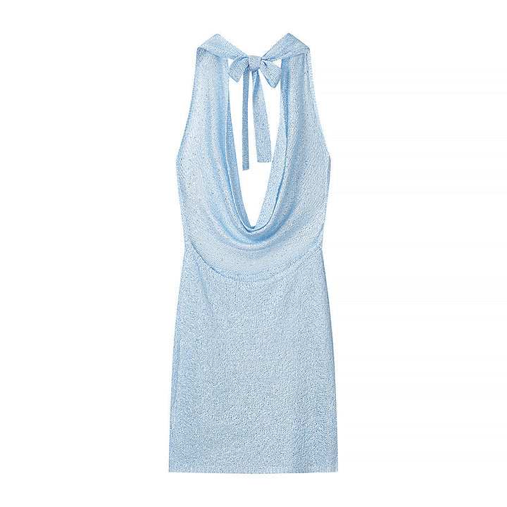 Gorgeous Thin Glittering Knitted Swing Collar Sleeveless Halter Backless Elegant Dress Women Summer Sexy Tight Waist Hip Dress