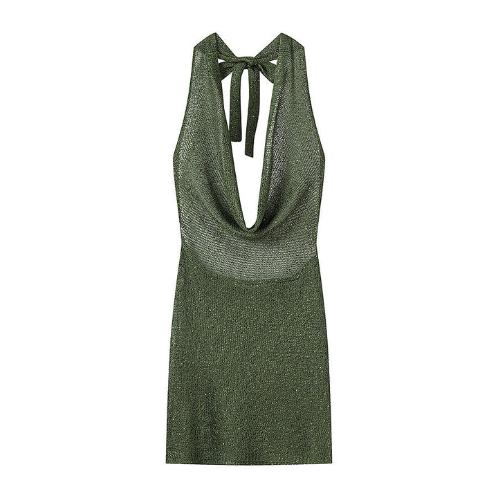 Gorgeous Thin Glittering Knitted Swing Collar Sleeveless Halter Backless Elegant Dress Women Summer Sexy Tight Waist Hip Dress
