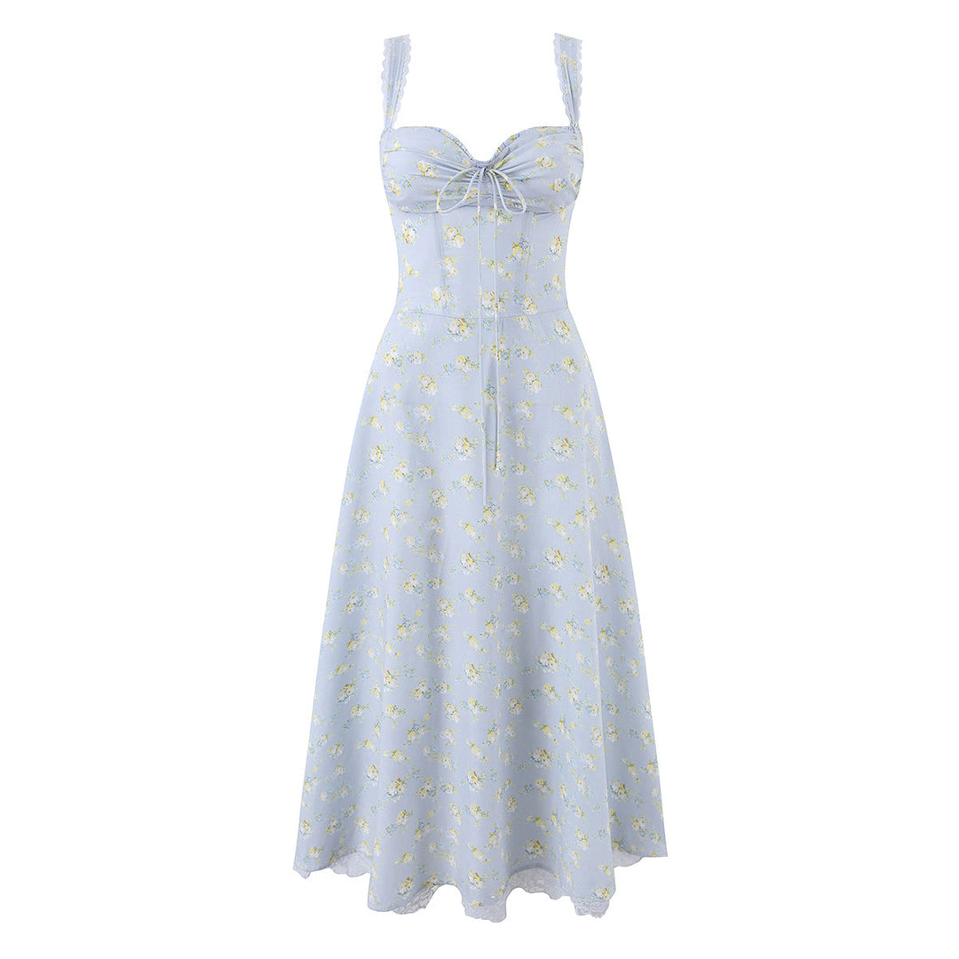 Lace Edge Elegant Baby Blue Print Boning Corset Waist Trimming Spaghetti Straps Vest Dress