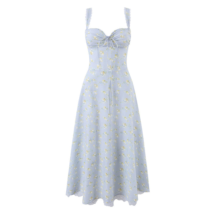 Lace Edge Elegant Baby Blue Print Boning Corset Waist Trimming Spaghetti Straps Vest Dress