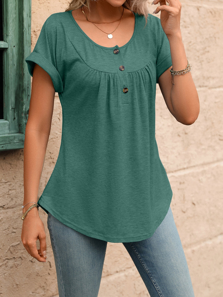 Summer Solid Color round Neck Button Loose Short Sleeve T shirt Top Women