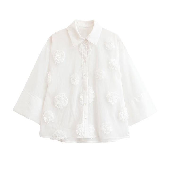 Women Clothing Summer Polo Collar Embossed Floral Vertical Shirt