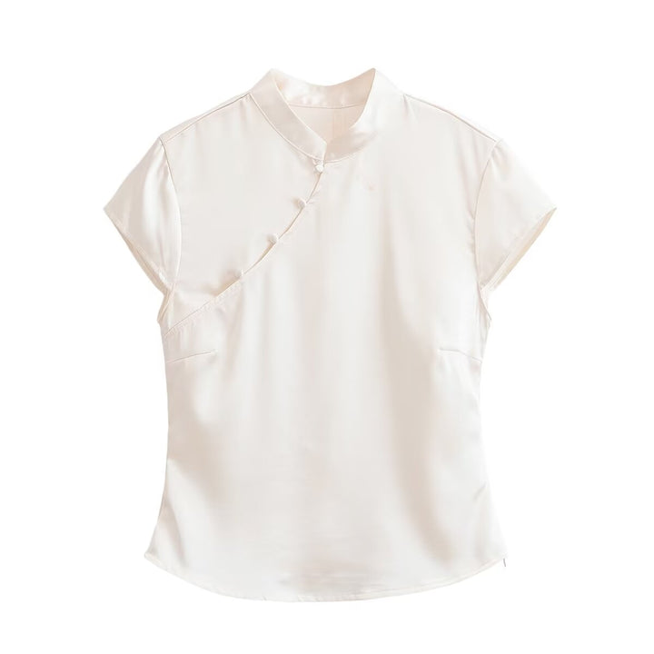 Spring Women Sexy Sexy Button Decoration Silk Satin Top