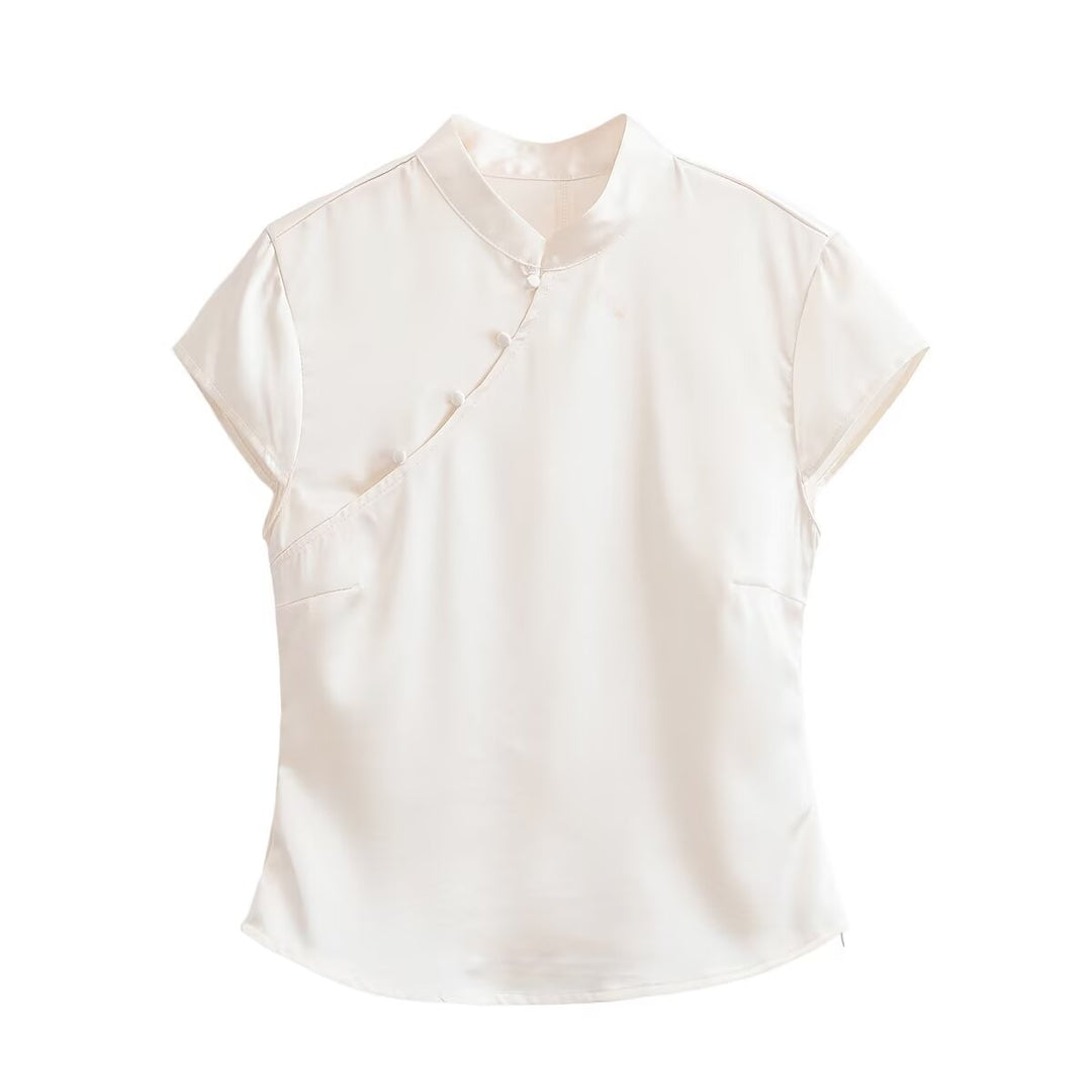 Spring Women Sexy Sexy Button Decoration Silk Satin Top