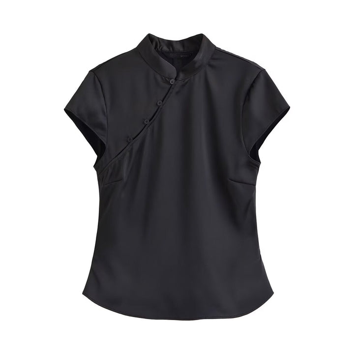 Spring Women Sexy Sexy Button Decoration Silk Satin Top