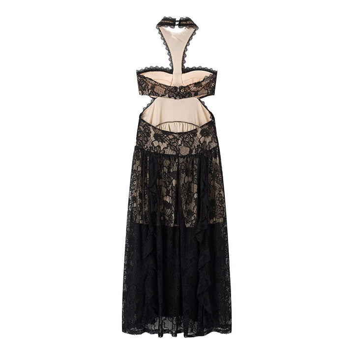 Lace Embroidered Silk Lace Tulle Backless French Halter Dress Women Summer Vacation Lightweight Dress