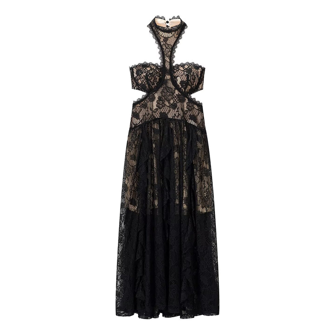 Lace Embroidered Silk Lace Tulle Backless French Halter Dress Women Summer Vacation Lightweight Dress