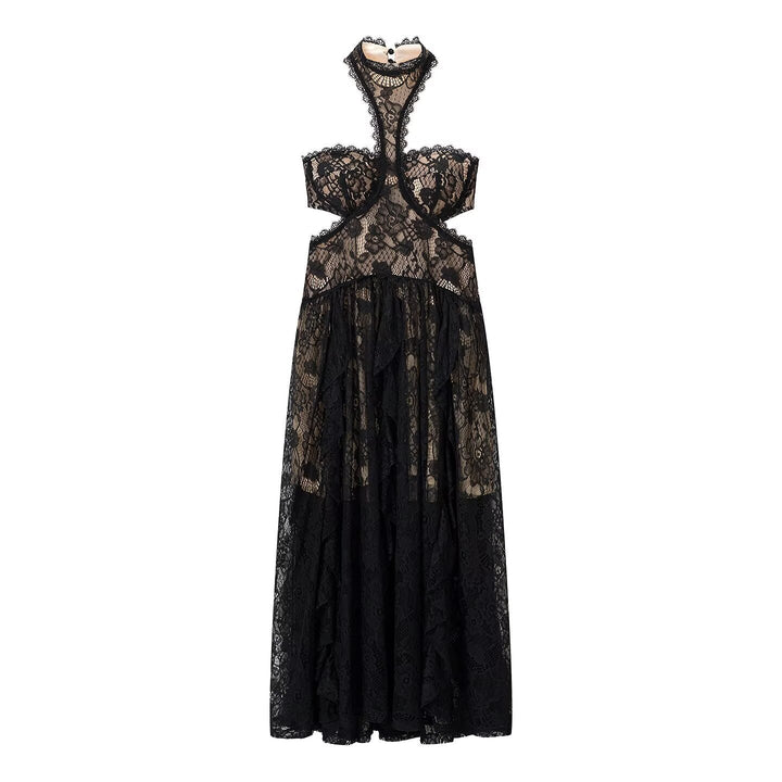 Lace Embroidered Silk Lace Tulle Backless French Halter Dress Women Summer Vacation Lightweight Dress