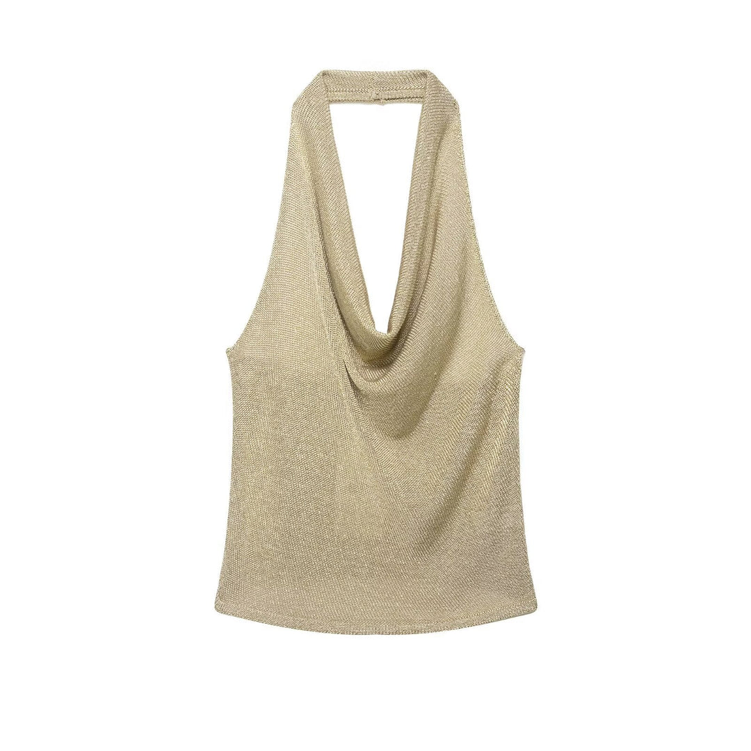 Women Clothing Summer Sexy Metal Color Line Hanging Collar Top