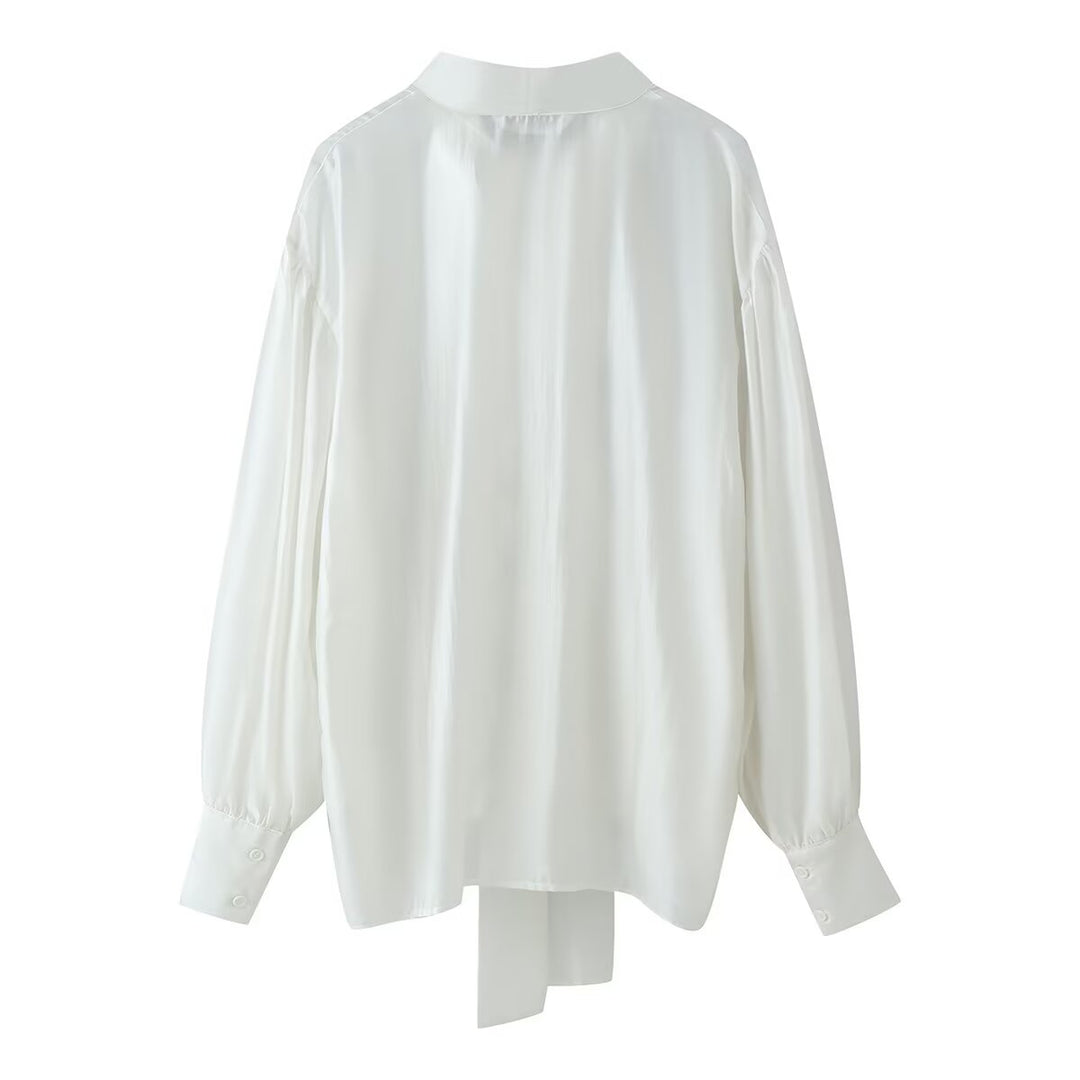 Women Clothing Sweet V neck Long Sleeve Bowknot Straight Hem Shirt