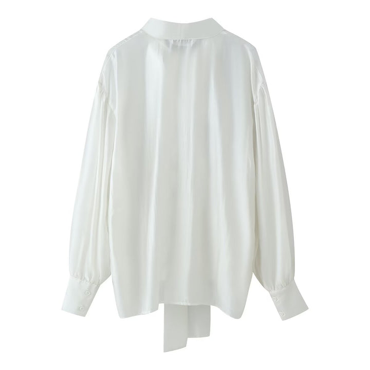 Women Clothing Sweet V neck Long Sleeve Bowknot Straight Hem Shirt