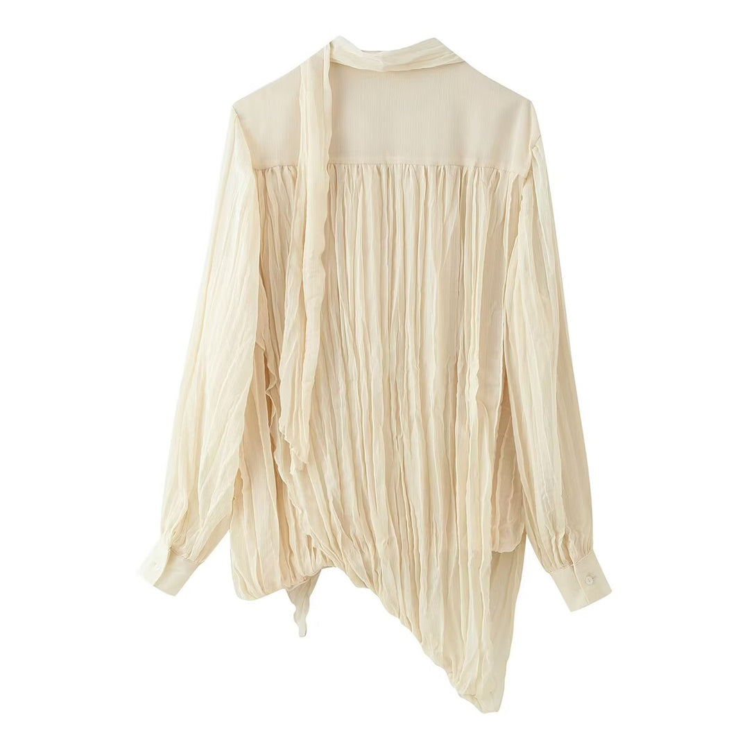 Spring Summer Women Clothing All Match Office Pleated Padded Shoulder Shirt