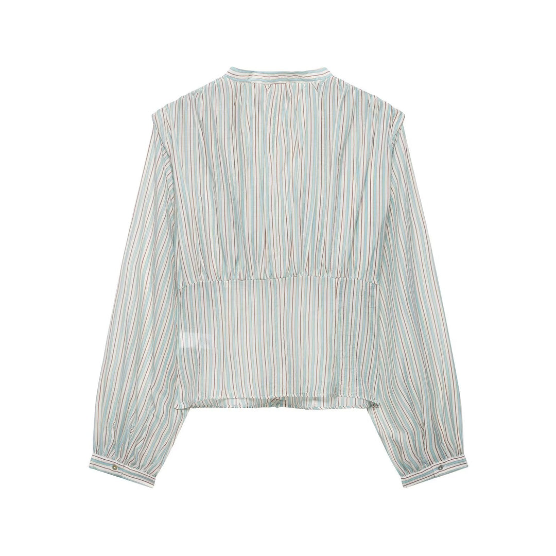 Women Clothing Top Product V neck Casual Stripes Waist Trimming Shirt
