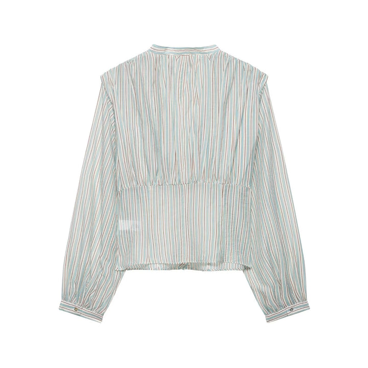 Women Clothing Top Product V neck Casual Stripes Waist Trimming Shirt