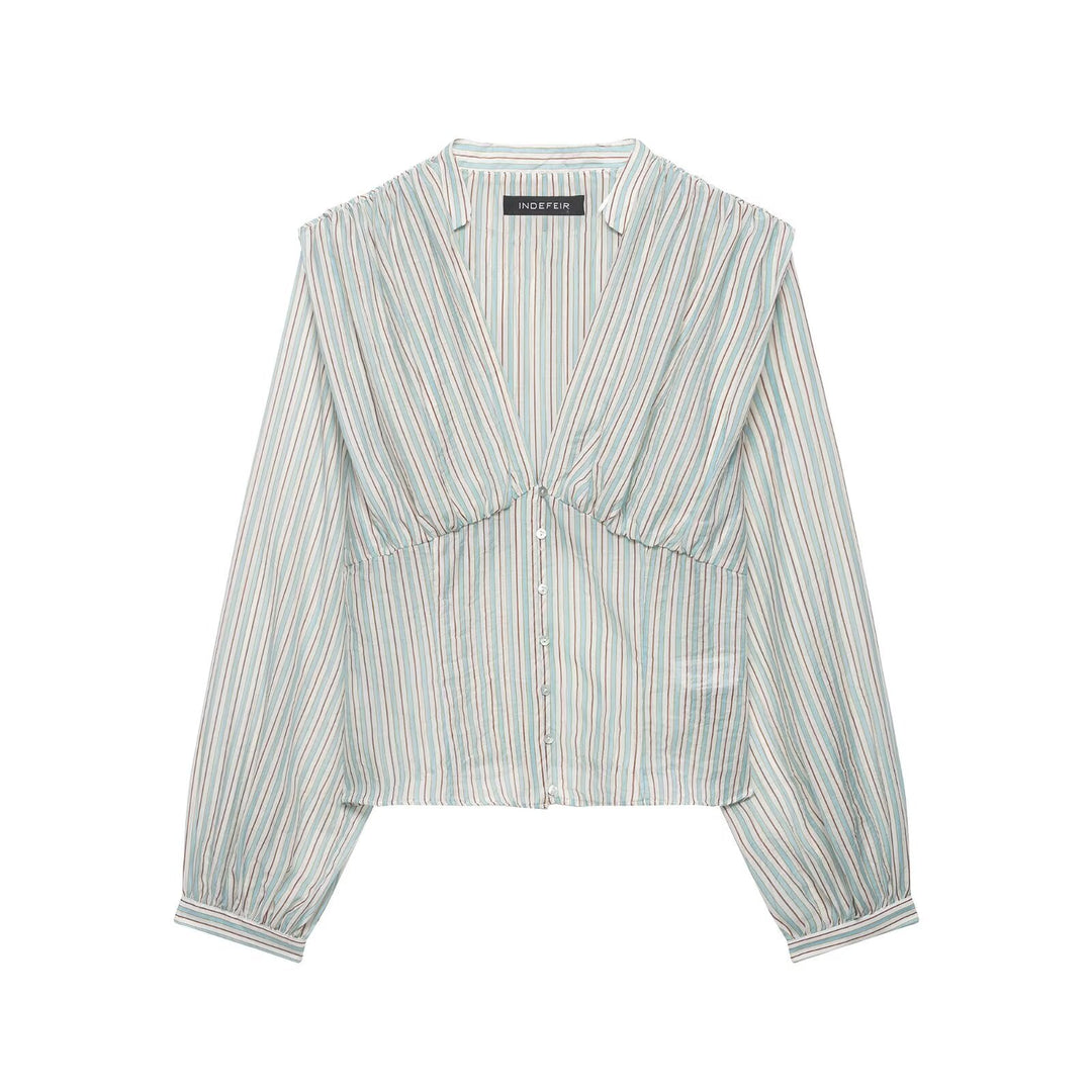 Women Clothing Top Product V neck Casual Stripes Waist Trimming Shirt