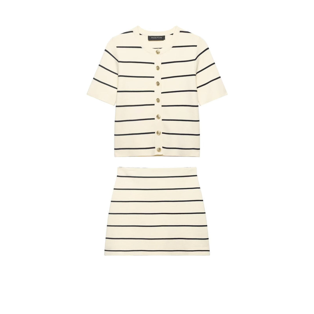 Women Striped Short Sleeved Knitted Jacket Mini Skirt Stes