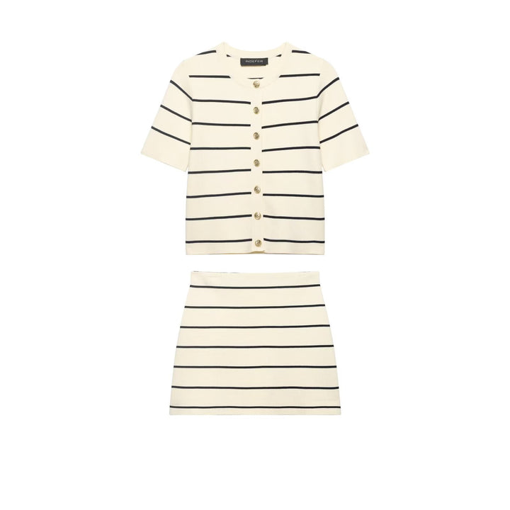 Women Striped Short Sleeved Knitted Jacket Mini Skirt Stes