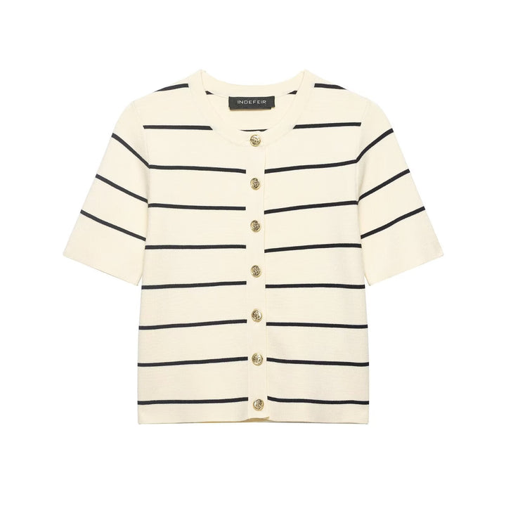Women Striped Short Sleeved Knitted Jacket Mini Skirt Stes